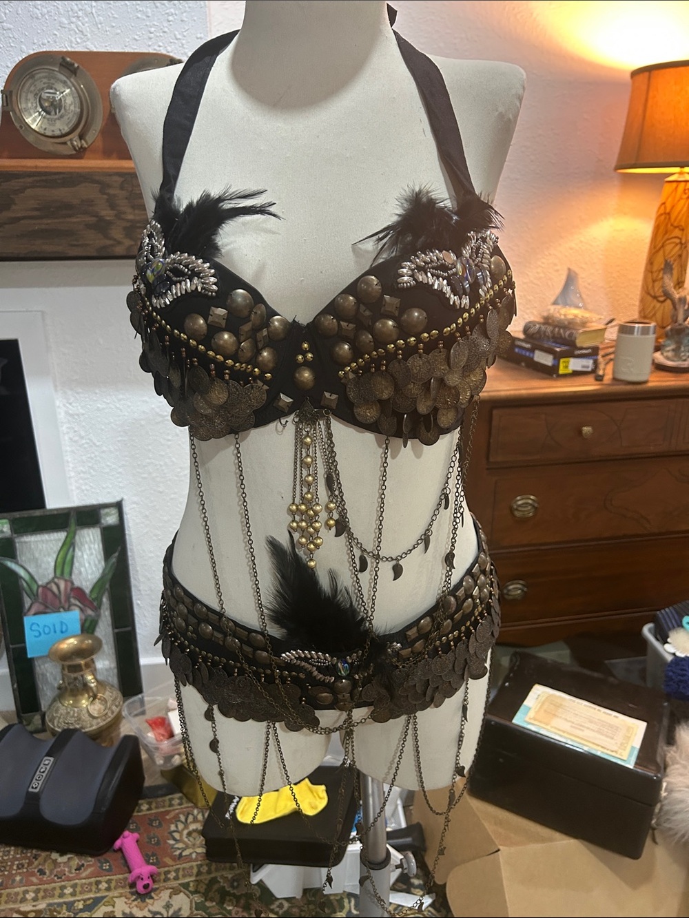 Black Embellished Feather belly dance- bra and belt
